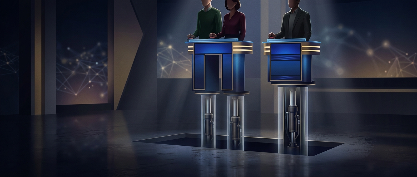 Jeopardy contestants stand on adjustable platforms