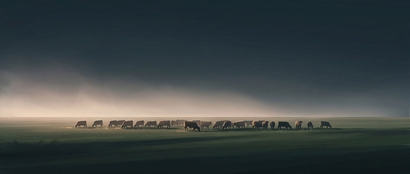 Argentine cattle graze entirely on massive flat plains