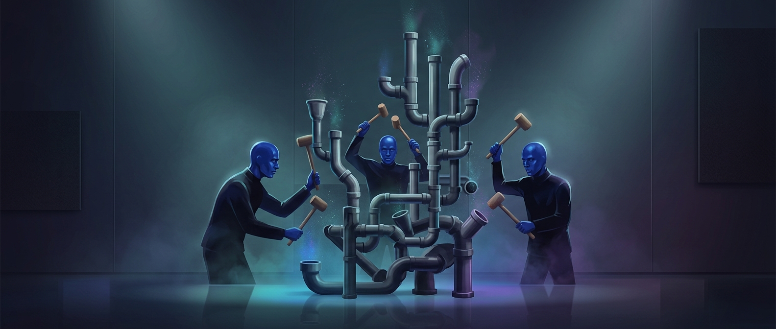 The Blue Man Group makes music with plumbing pipes