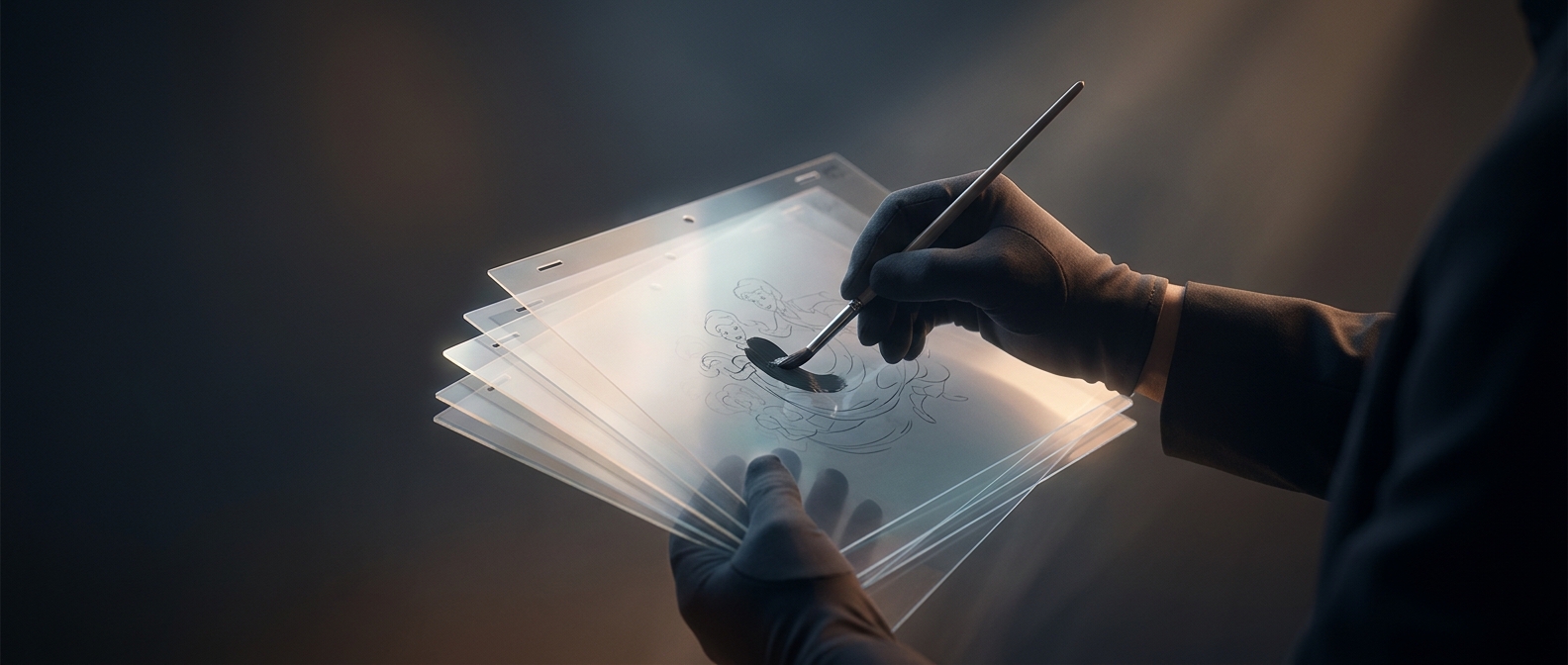 Painting animation cells completely backward on clear plastic