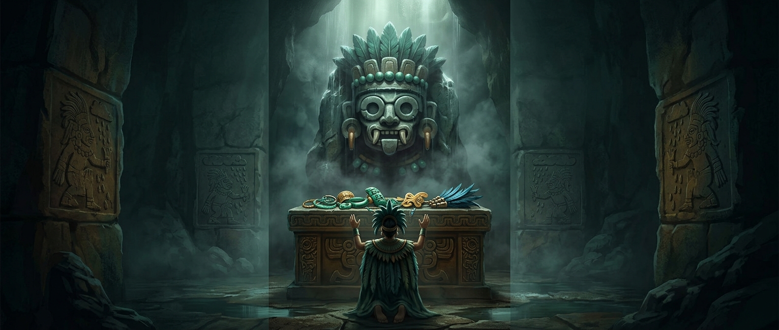 Tlaloc is a rain deity demanding precious offerings