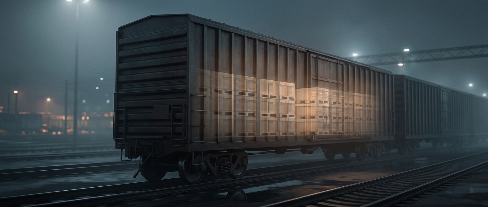 Boxcars enclose standard palletized freight