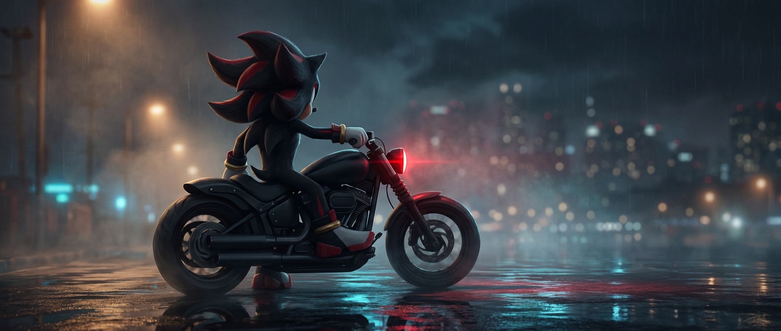 Shadow the Hedgehog rides a motorcycle anyway