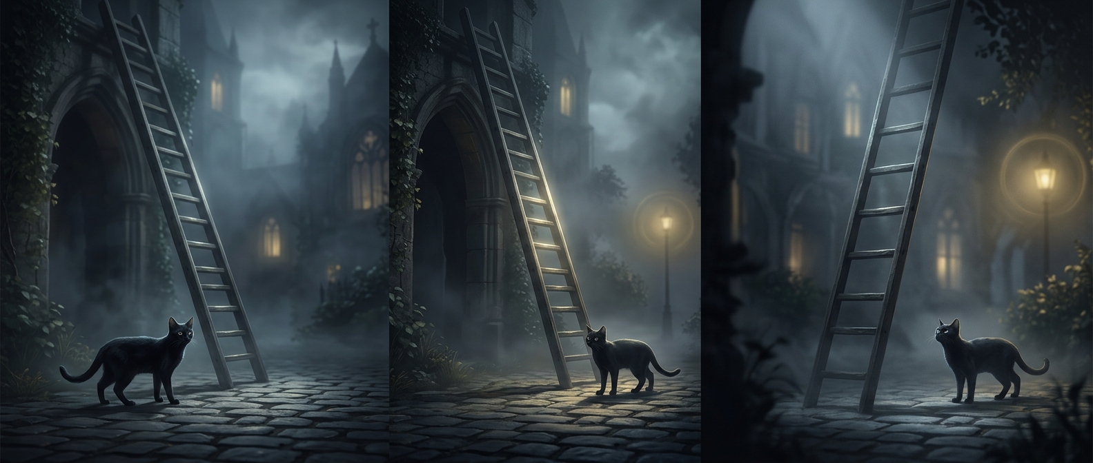 Black cats avoiding walking under tall ladders