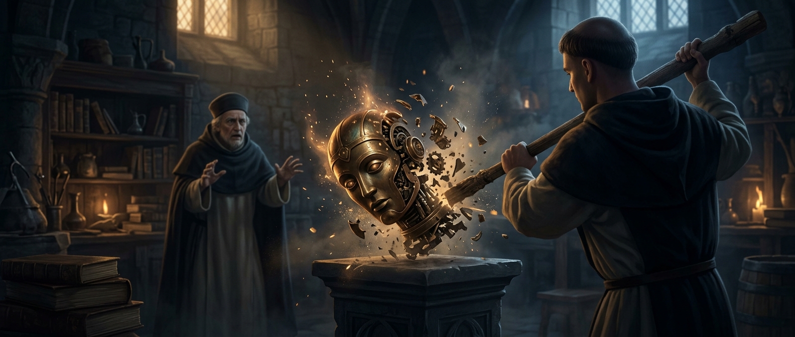 Albertus Magnus allegedly built a talking brass head that Thomas Aquinas violently smashed