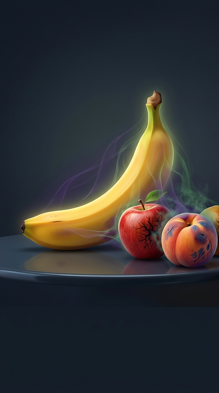 Why do perfectly ripe bananas seemingly cause nearby fruits in a bowl to rot aggressively faster?