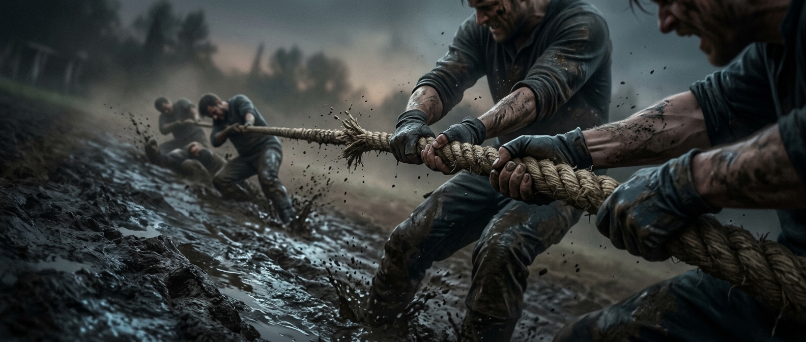 Viciously yanking on a thick fibrous rope to systematically drag opposing players into the mud