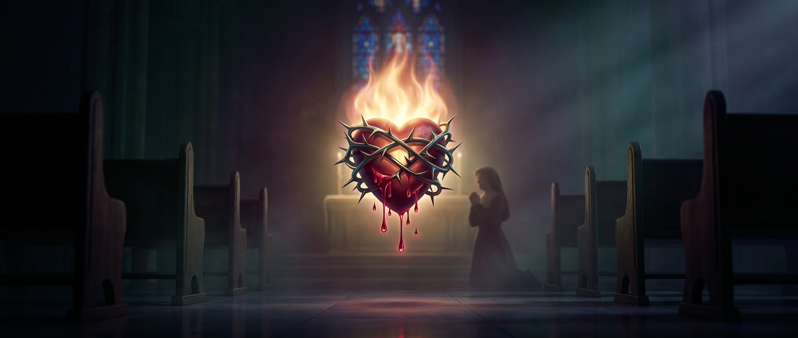 Margaret Mary Alacoque saw a bleeding thorny organ on fire