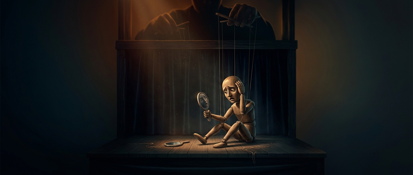 Attending a live puppet show where wooden dolls deal with severe philosophical crises