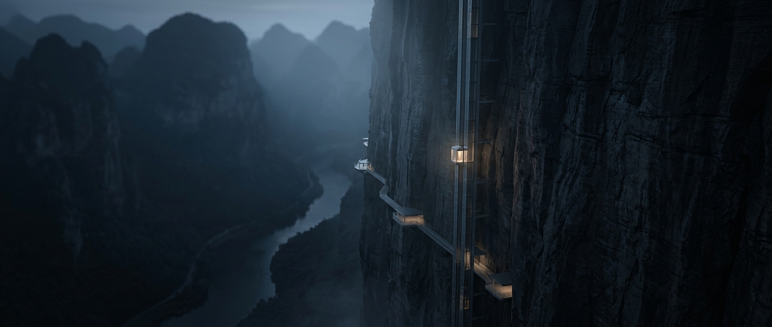 The elevator bolted to a mountain cliff