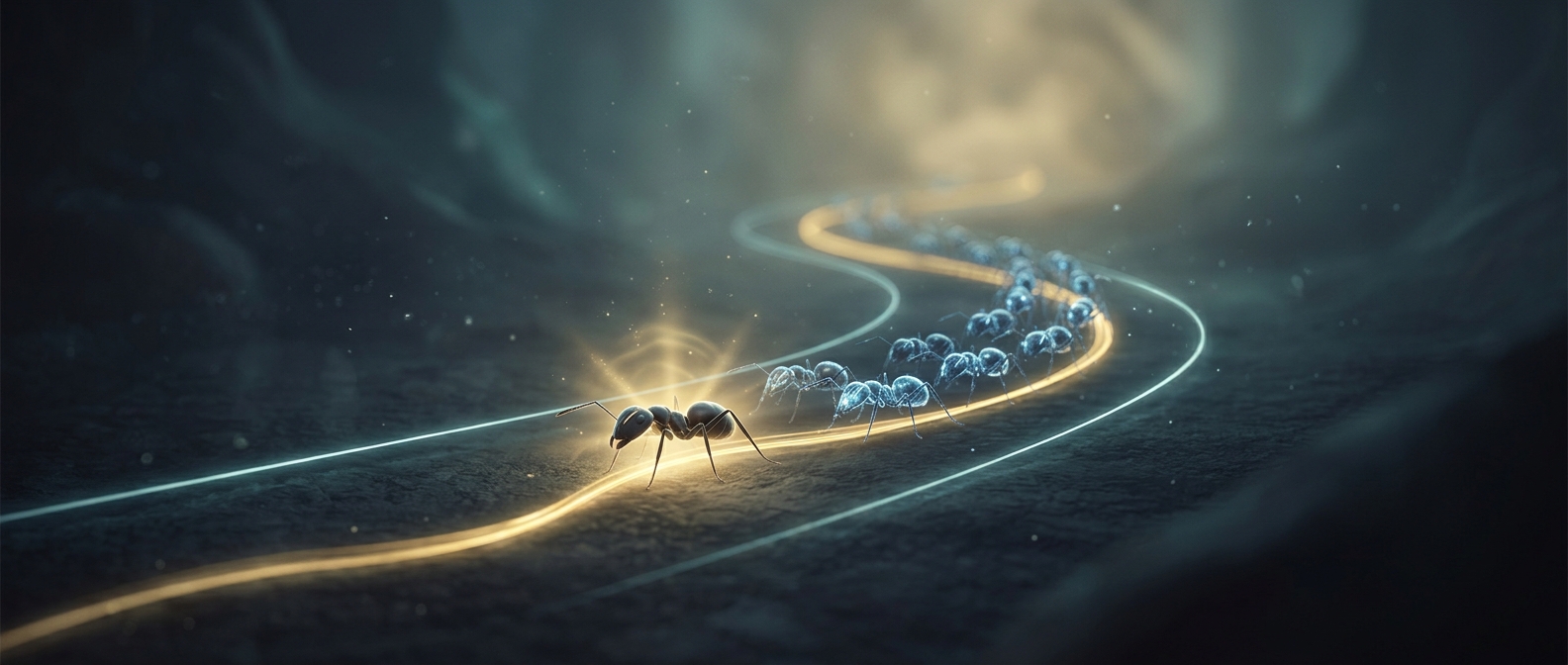 Foraging ants leave a chemical trail of pheromones to guide their colony directly toward newly discovered food