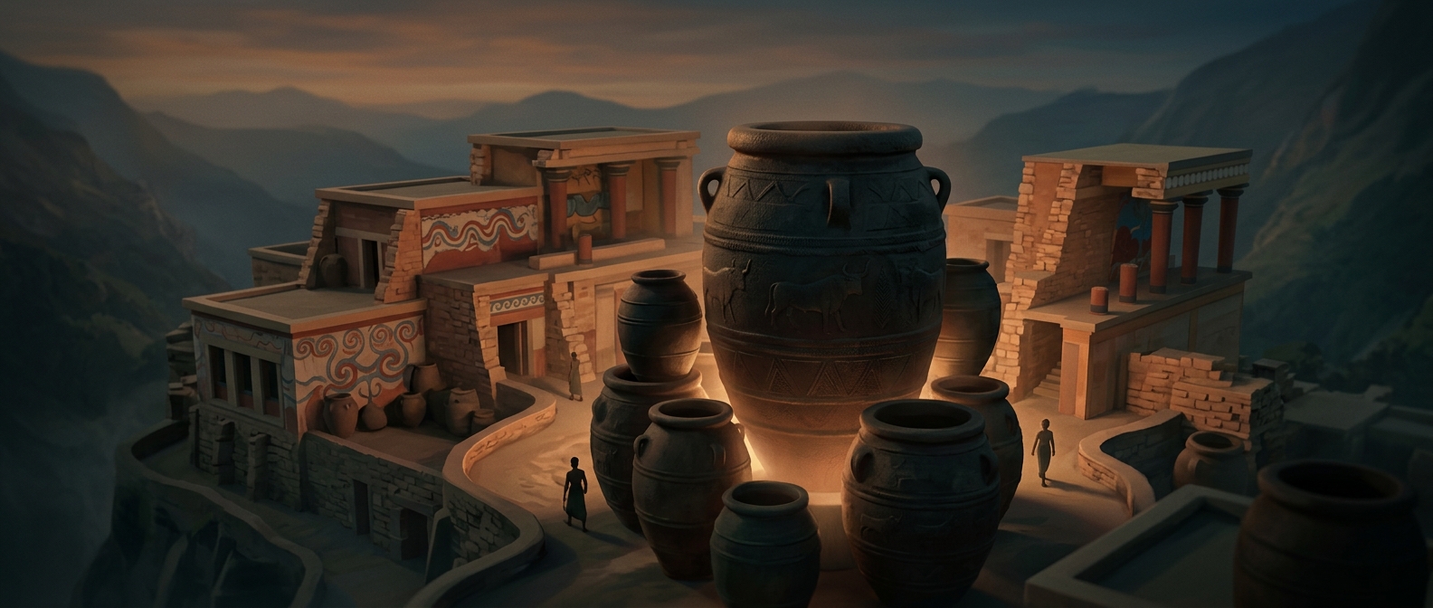 Palace of Knossos relied on massive ceramic pithoi jars to hoard olive oil and survive Bronze Age crises