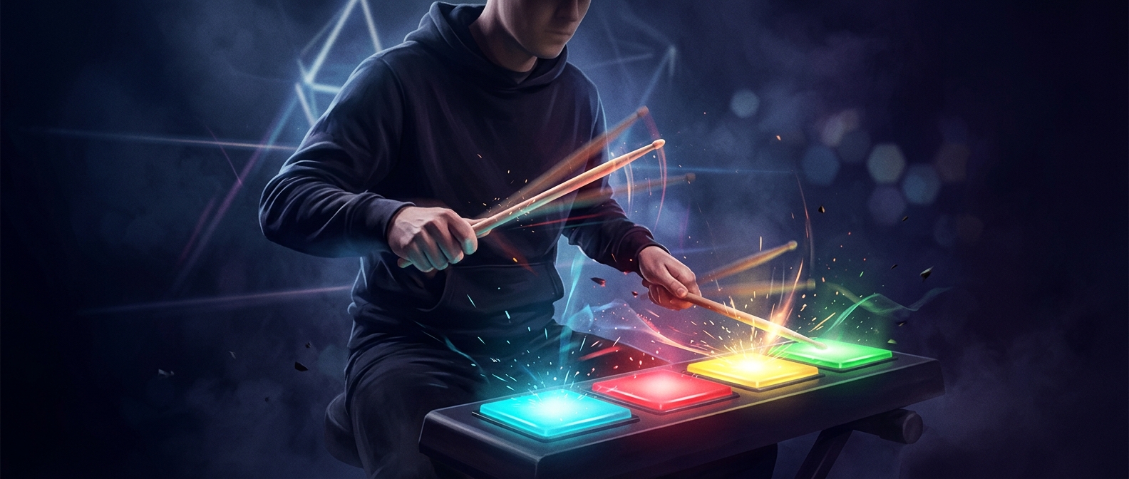 Pretending to drum by wildly hitting colored plastic pads