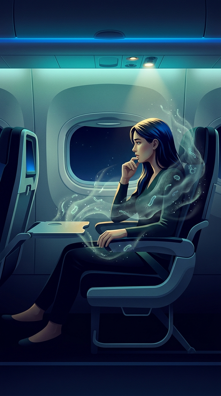 Passengers frequently blame dirty recycled airplane air for giving them a nasty head cold after a long flight. What is the true culprit?
