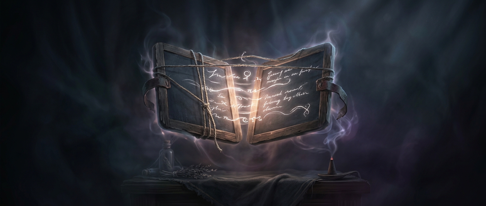 Chalk writing messages between bound slates
