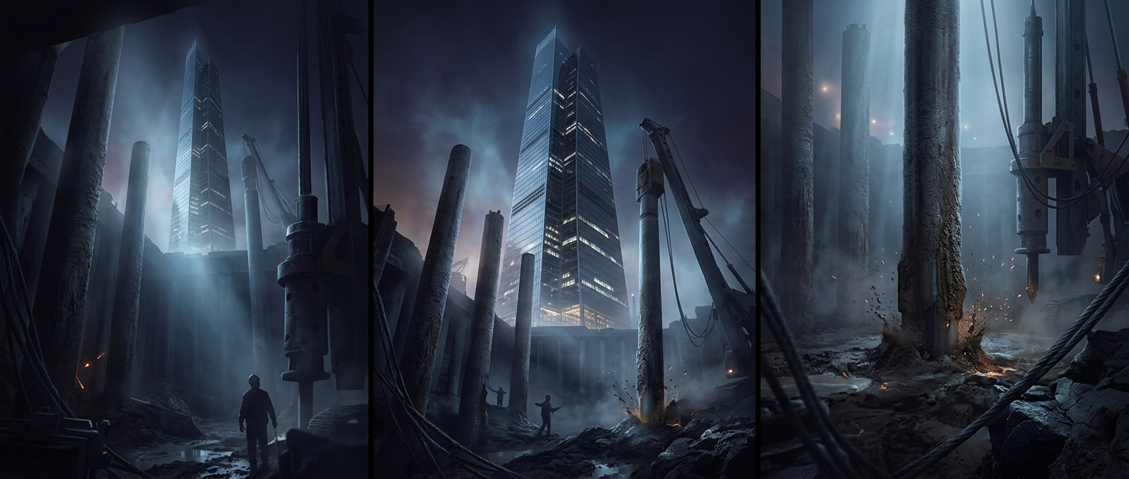 Hammering giant poles into mud supports tall skyscrapers