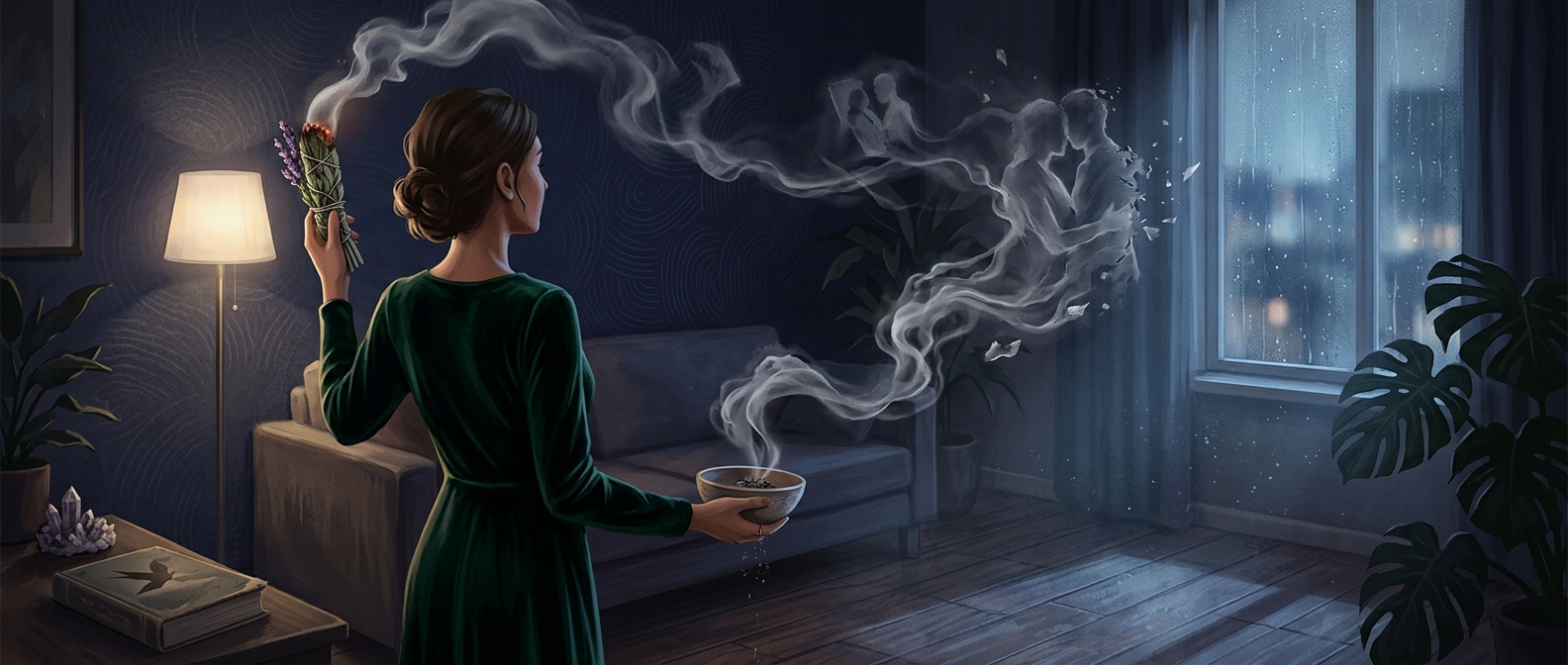 Burning bundled sage in your apartment to somehow cleanse the lingering bad vibes of an ex.
