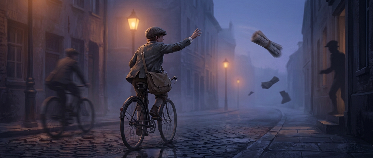 Children recklessly hurled newspapers from balanced bikes