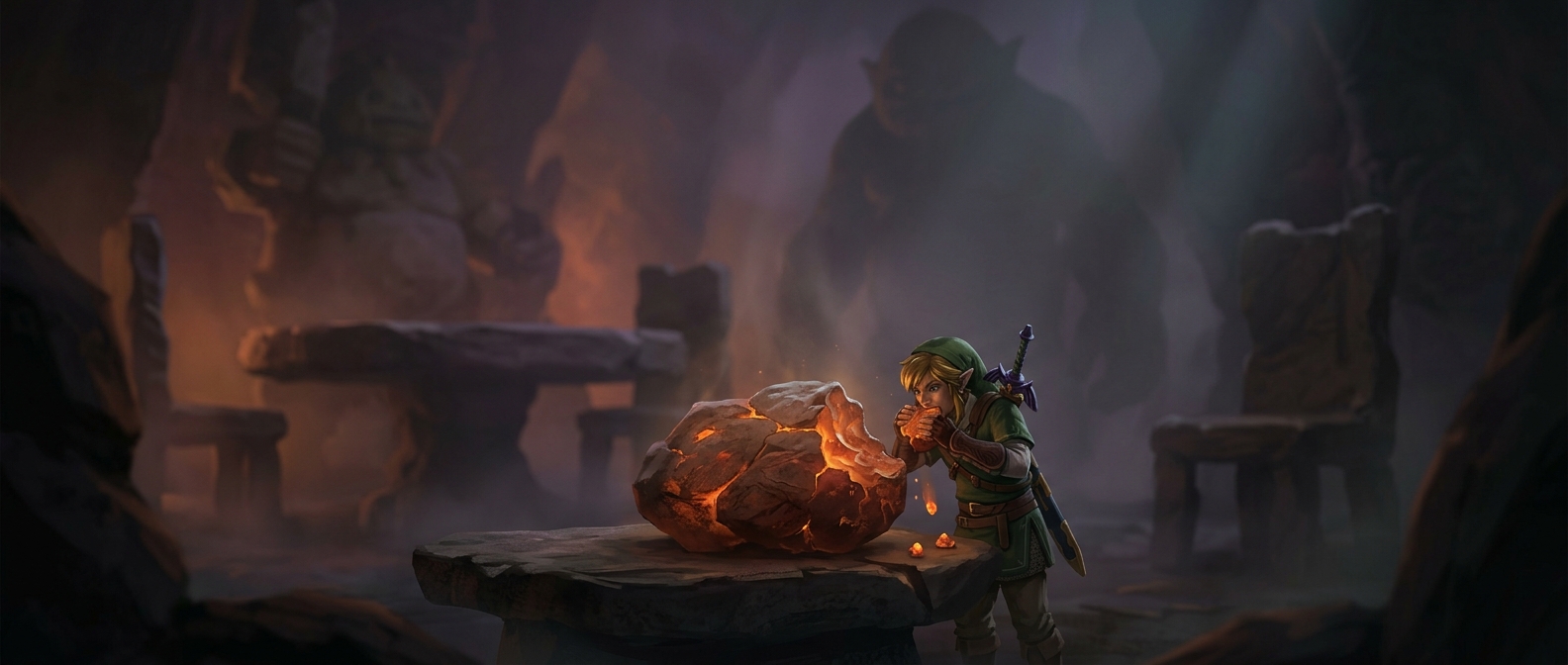 Link eats the Gorons' giant rock roasts