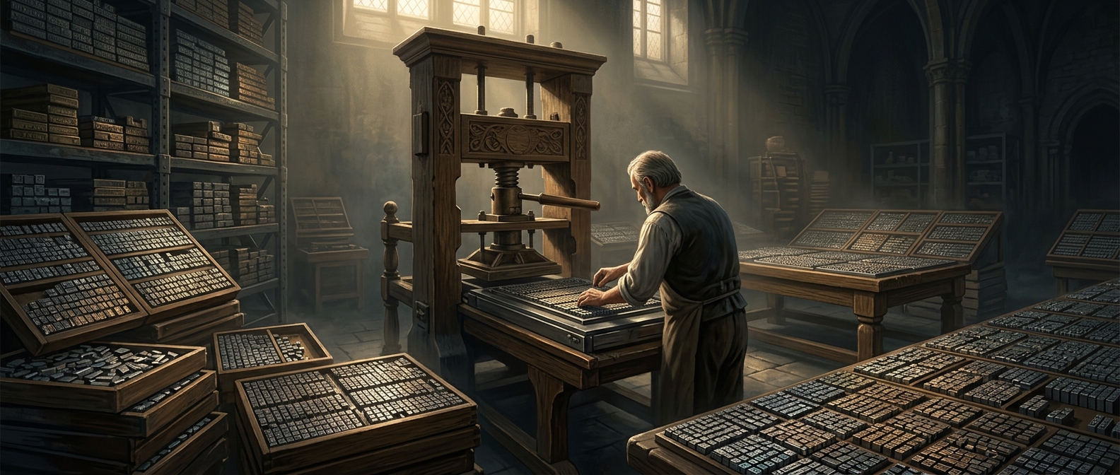 Early printing presses required thousands of metal blocks