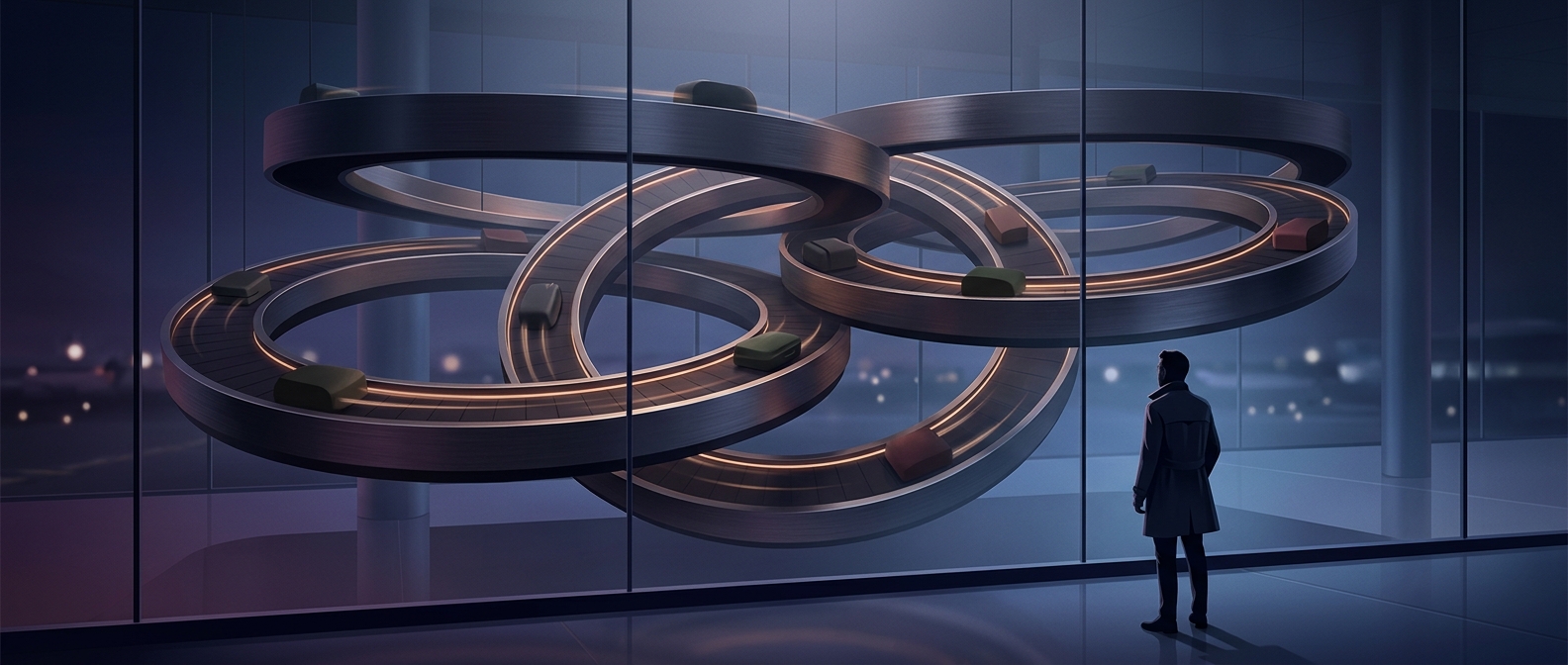 Багажные карусели движутся по непрерывным перекрывающимся петлям