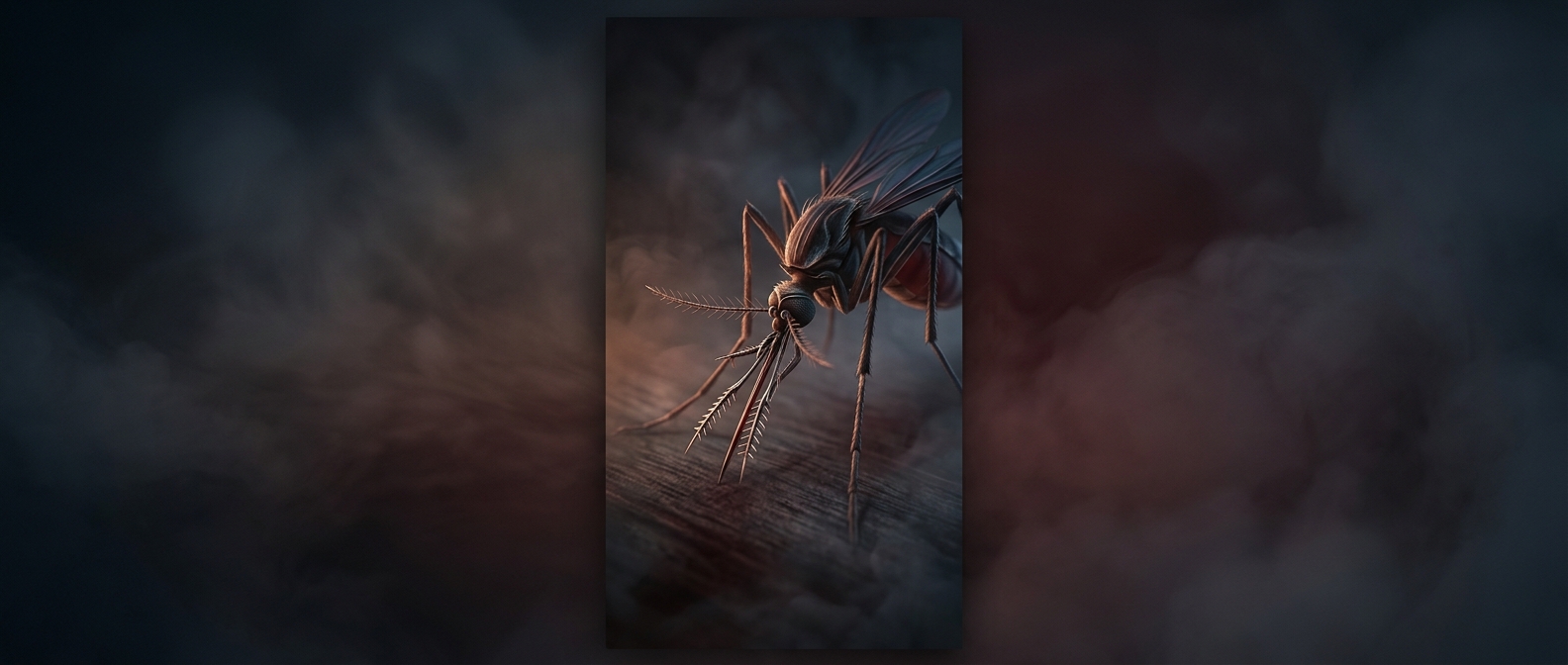 A mosquito bites with six tiny needles