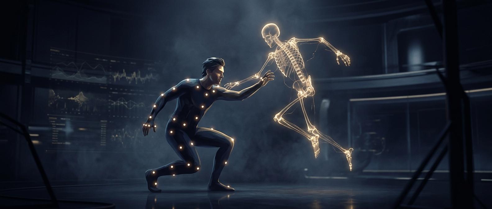 Motion capture actors wear dots to track joint coordinates