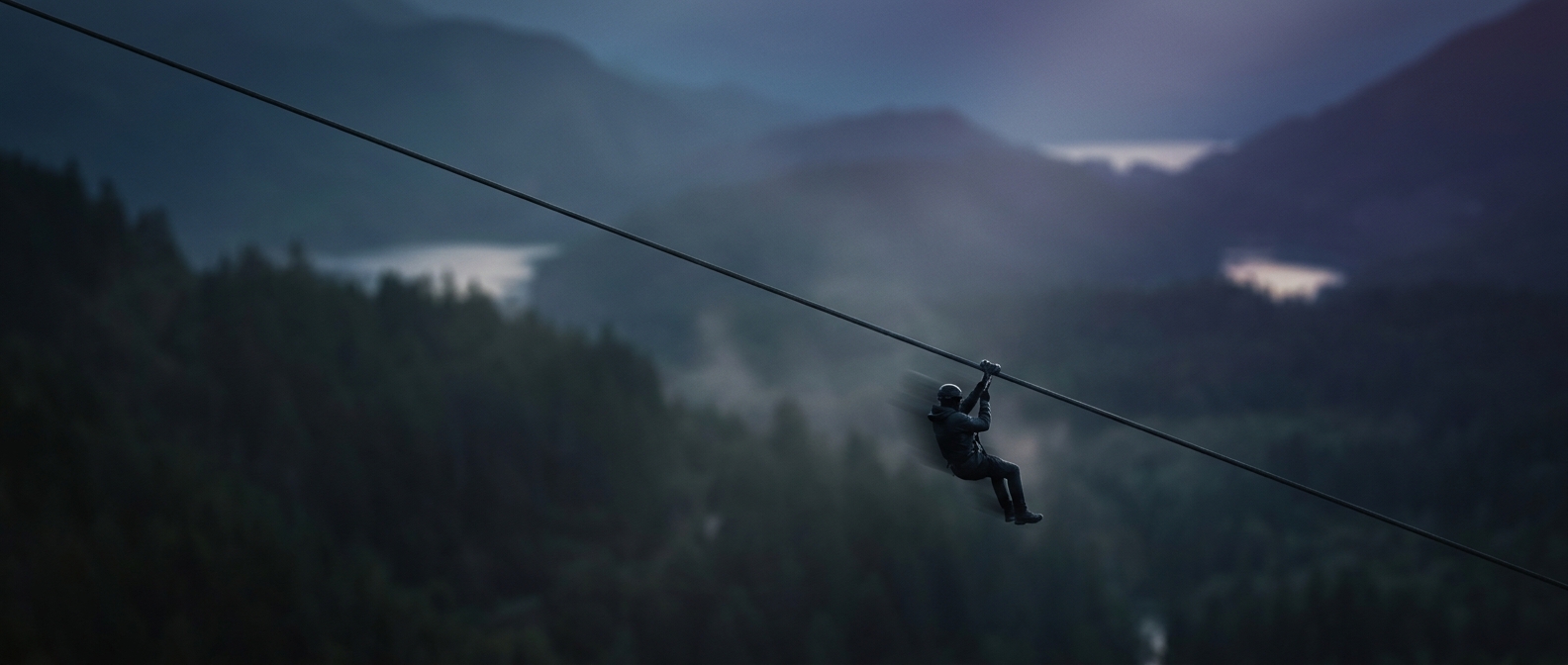 Zipline cables are strung with a distinct downward slant