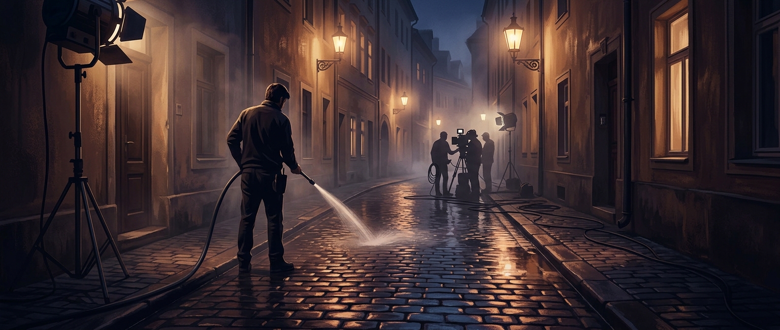 Why movie streets are often soaked before filming