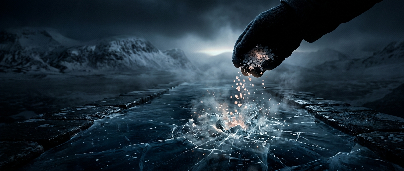 Throwing coarse salt directly on frozen paths destroys ice