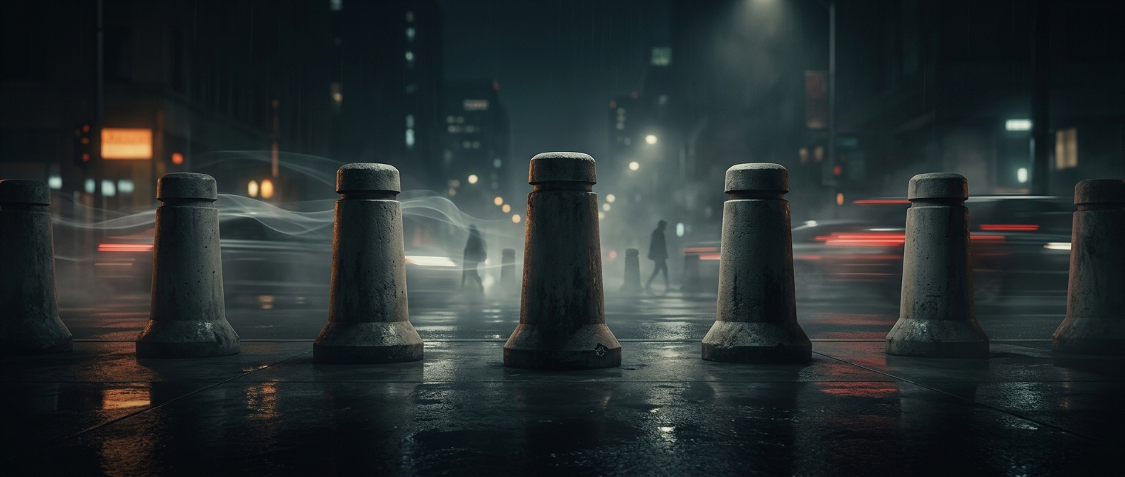 Concrete bollards ruthlessly defend physical spaces