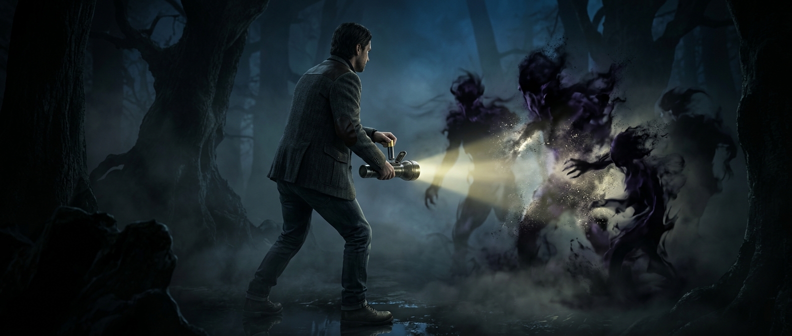 Alan Wake fights darkness with a flashlight