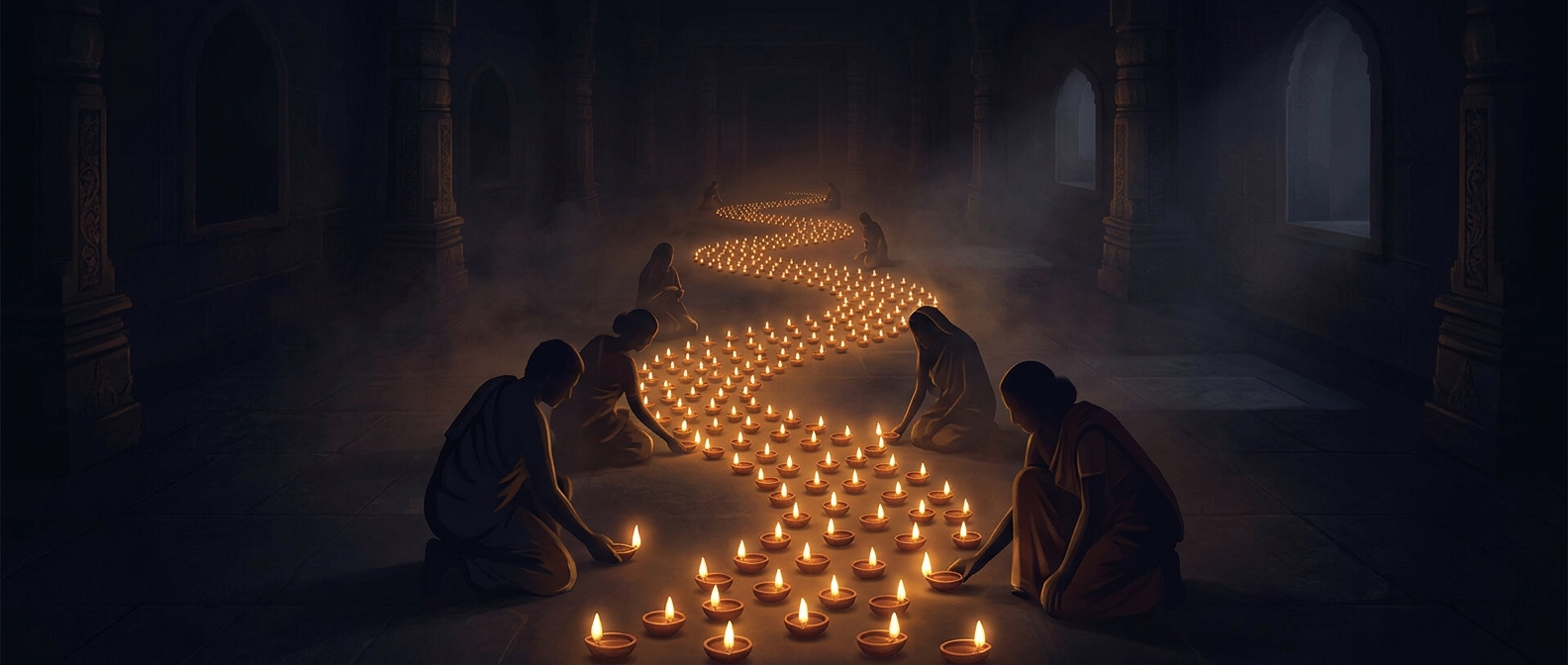 Devotees light small oil lamps to dispel spiritual darkness