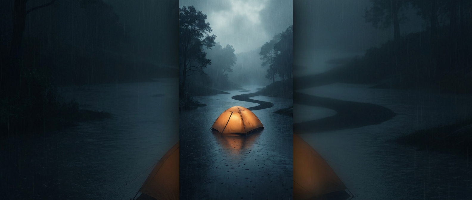 Voluntarily resting inside a flimsy nylon tent while heavy rain completely floods the entire park