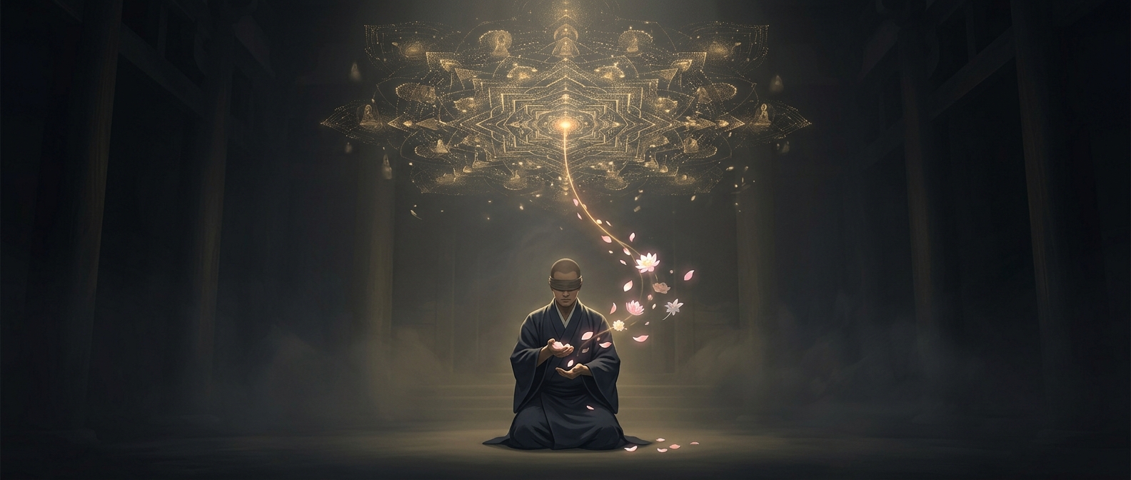 Kukai formalized a blindfolded flower-throwing ritual to instantly link novices with cosmic buddhas