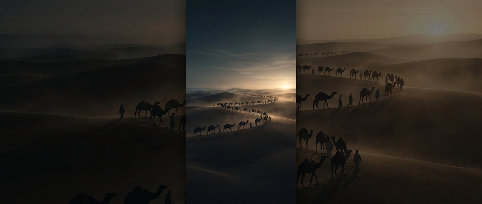 Desert caravans stretched for miles across dunes