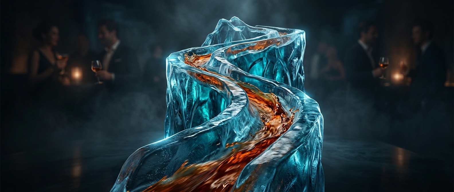 Ice luge drinking aggressively chills liquids via gravity