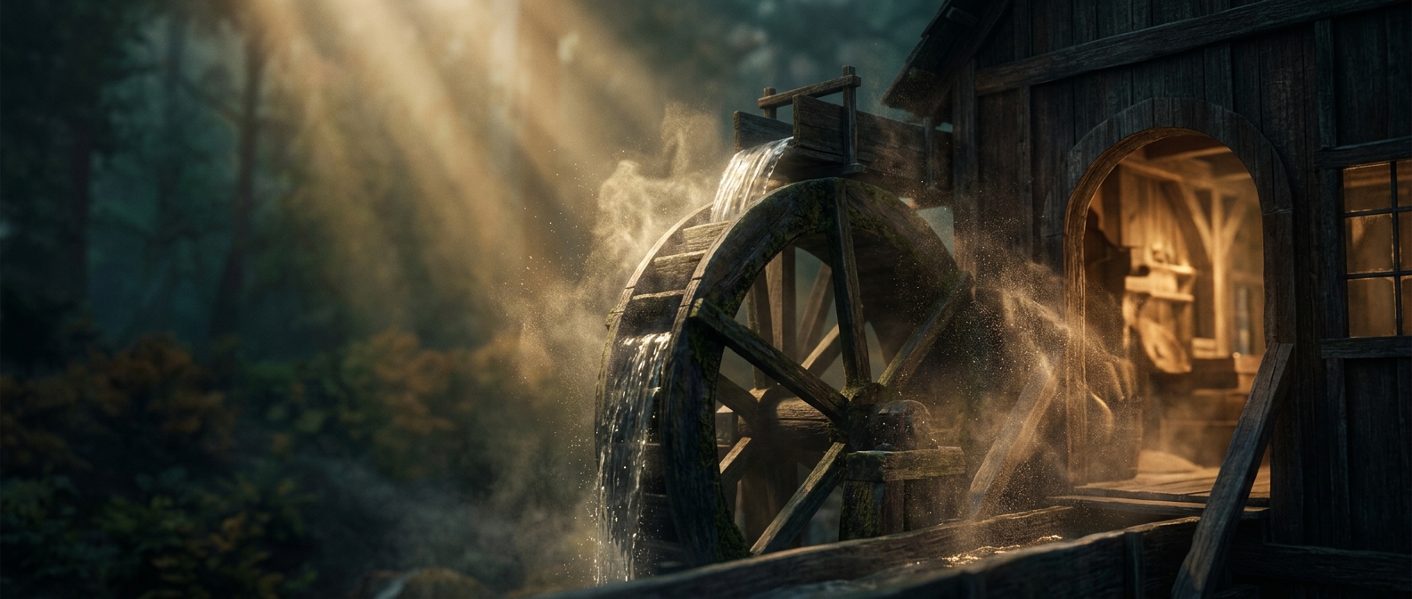 Dollywood really grinds grain with a giant wooden wheel