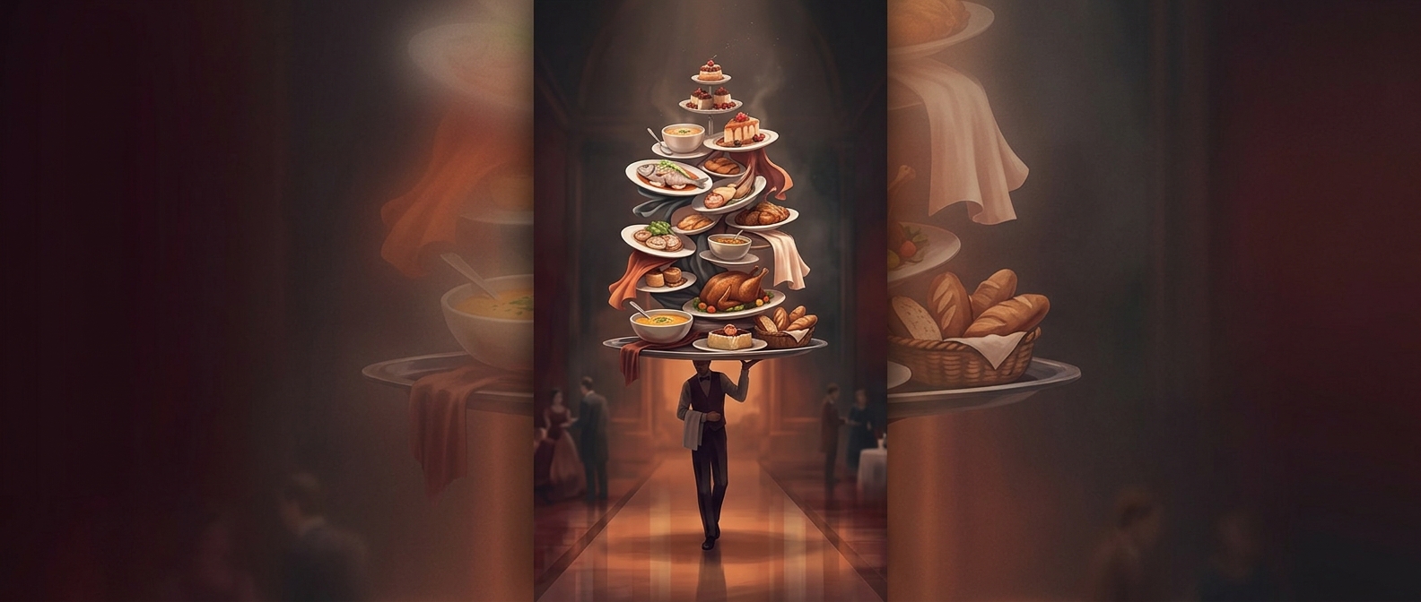 Waiter trays balance massive meals on one palm