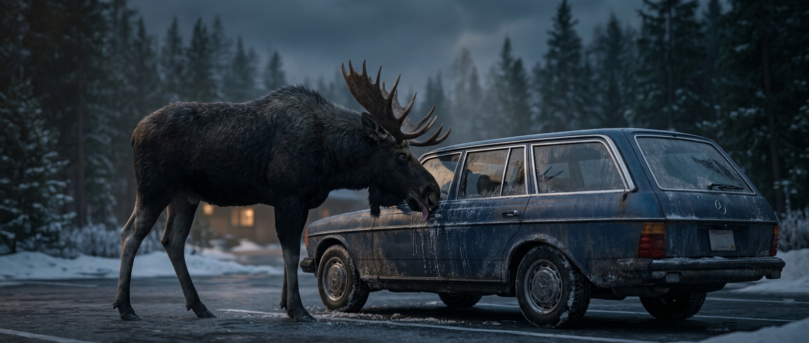 Canadian moose lick salt off parked cars