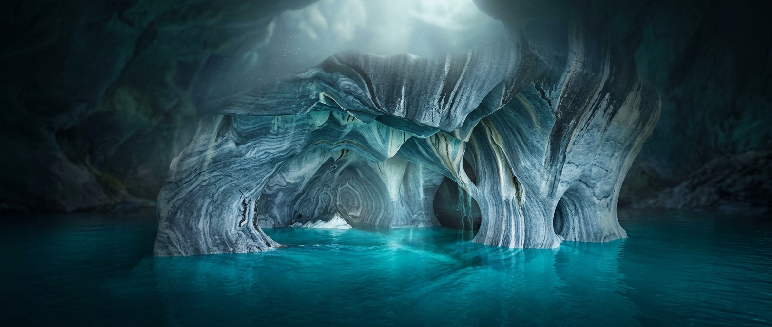 Chilean marble caverns dissolve in turquoise lakes