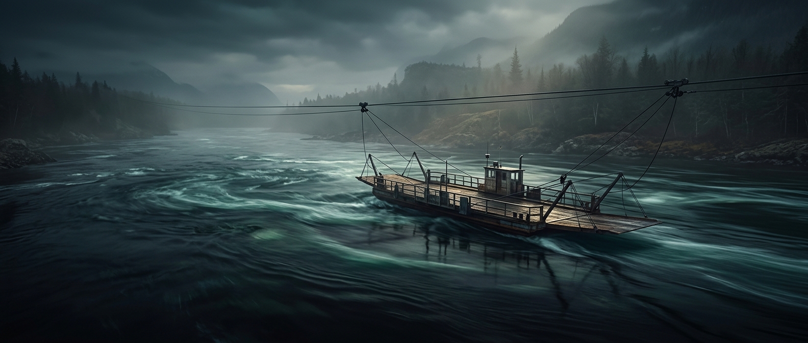 A ferry powered by the river it crosses