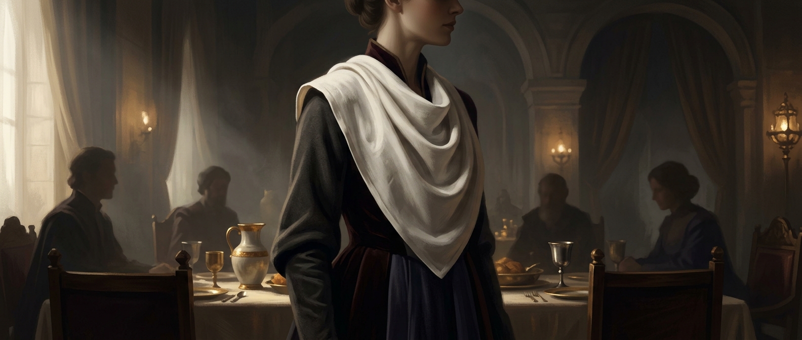 Dining napkins were strictly worn over the left shoulder