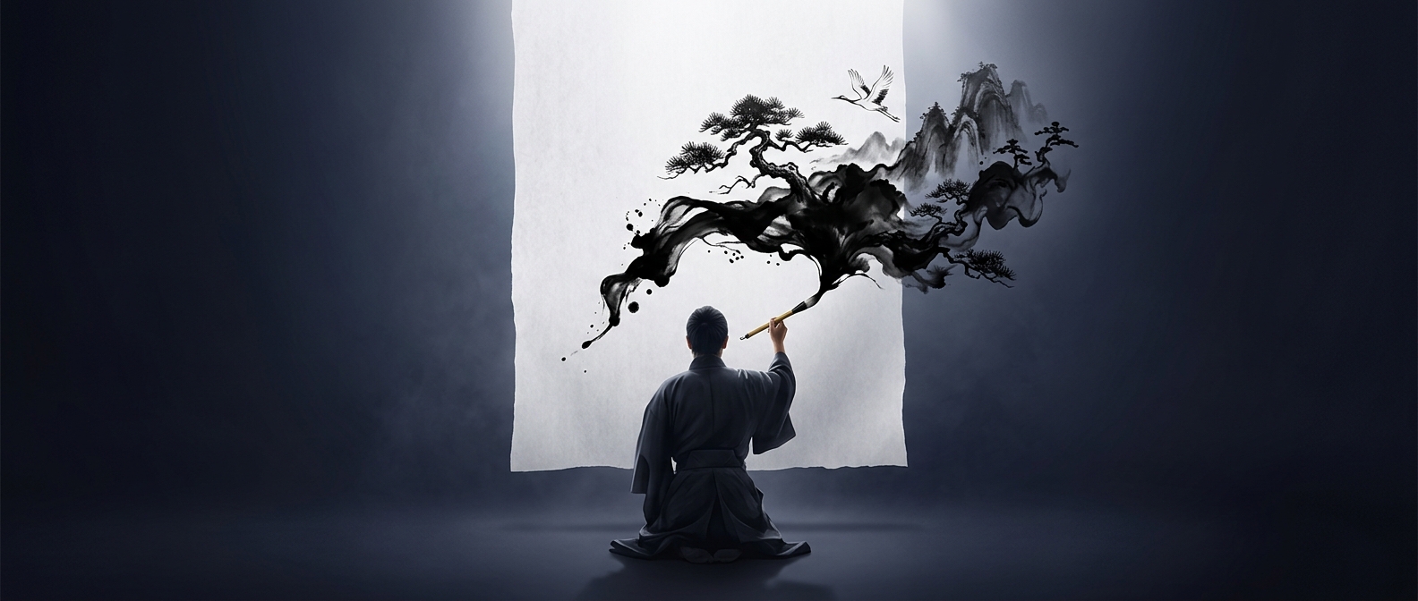 Sumi-e painting uses only black ink to capture subjects