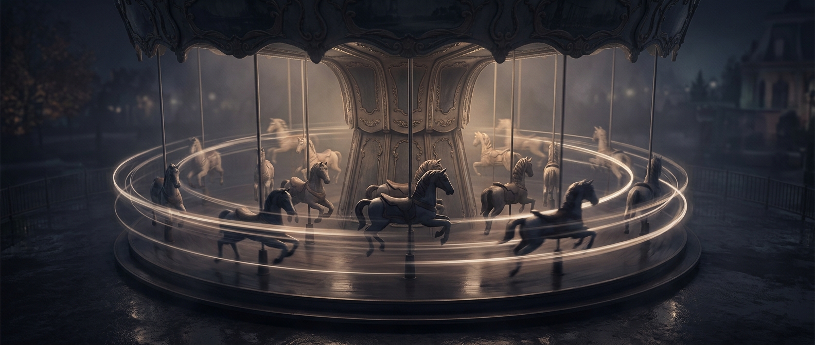 The outside carousel horse really does move faster